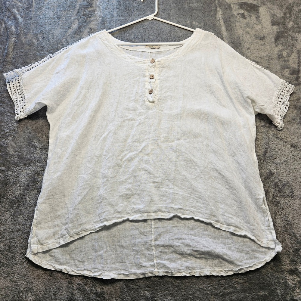 Alessia Pacini Italy White Linen Crochet Lace Henley Tunic Top 1X Art